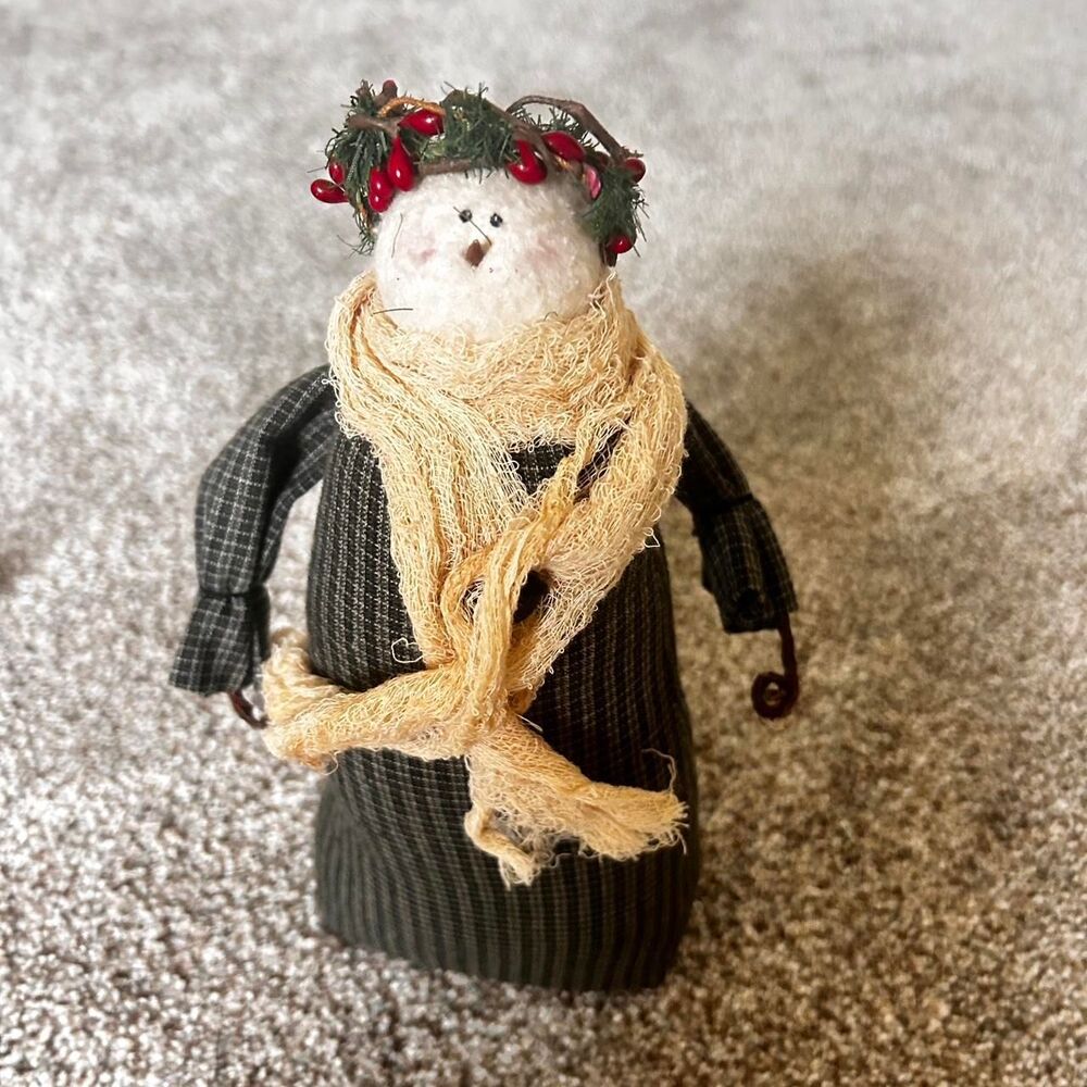 VTG Primitive Snowman Doll FolkArt Christmas Decor Goblincore Whimsygoth Cottage